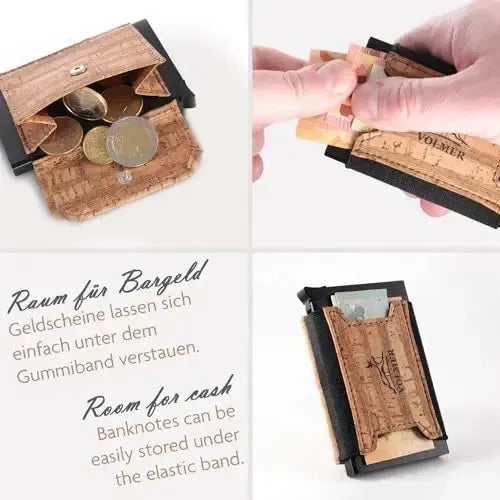 Estuche para tarjetas POP-UP con compartimento para monedas de corcho – Protección RFID – Mini billetera con espacio para 8 tarjetas | Vallejo