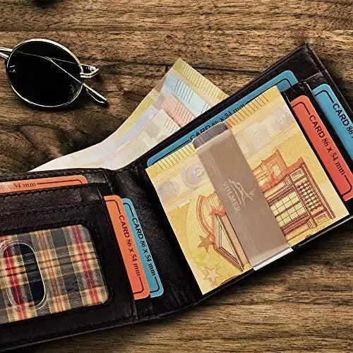 Portafoglio in pelle da uomo con protezione RFID e clip per soldi - 1 scomparto esterno per carta d'accesso - 9 scomparti per carte di credito | VO25C