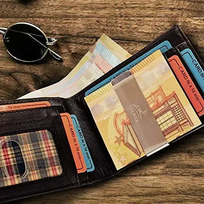 Portafoglio in pelle da uomo con protezione RFID e clip per soldi - 1 scomparto esterno per carta d'accesso - 9 scomparti per carte di credito | VO25C