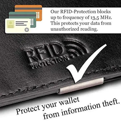 Portafoglio in pelle da uomo con protezione RFID e clip per soldi - 1 scomparto esterno per carta d'accesso - 9 scomparti per carte di credito | VO25C