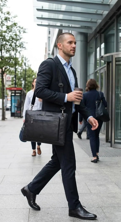Fa.Volmer ® schwarze Laptop-Tasche aus echtem Büffel-Leder für MacBooks, Notebooks, Laptops und Tablets bis zu einer Größe von 17″ | Aktentasche A4 | VO2403-Black