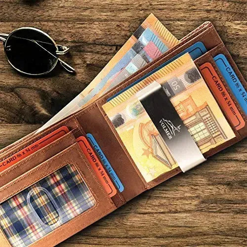 Portafoglio in pelle da uomo con protezione RFID e clip per soldi - 1 scomparto esterno per carta d'accesso - 9 scomparti per carte di credito | VO25C