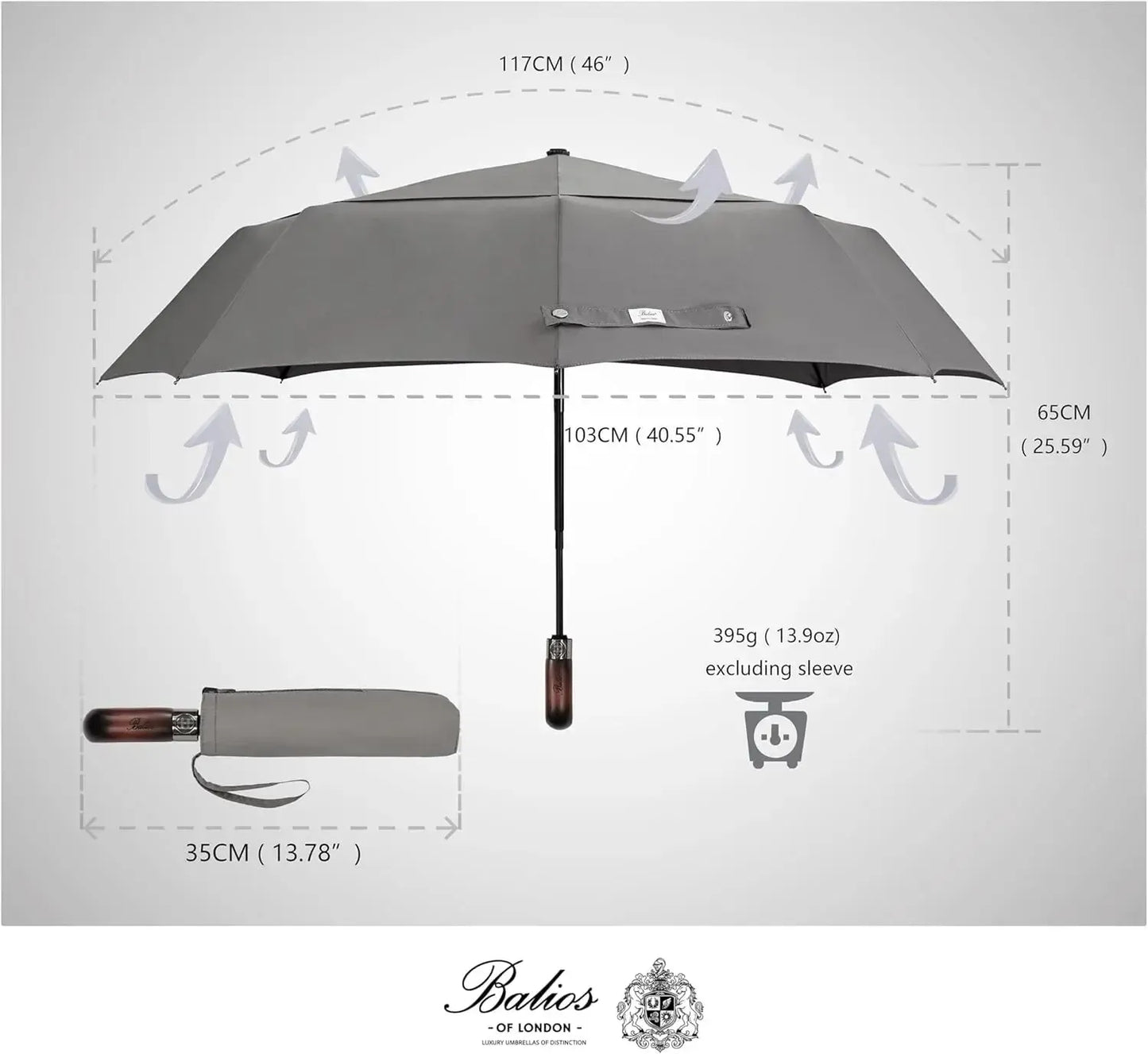 Automatik Taschen-Regenschirm mit Holzgriff – sturmfest & windsicher – Herren & Damen – Designed in Britain