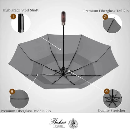 Automatik Taschen-Regenschirm mit Holzgriff – sturmfest & windsicher – Herren & Damen – Designed in Britain