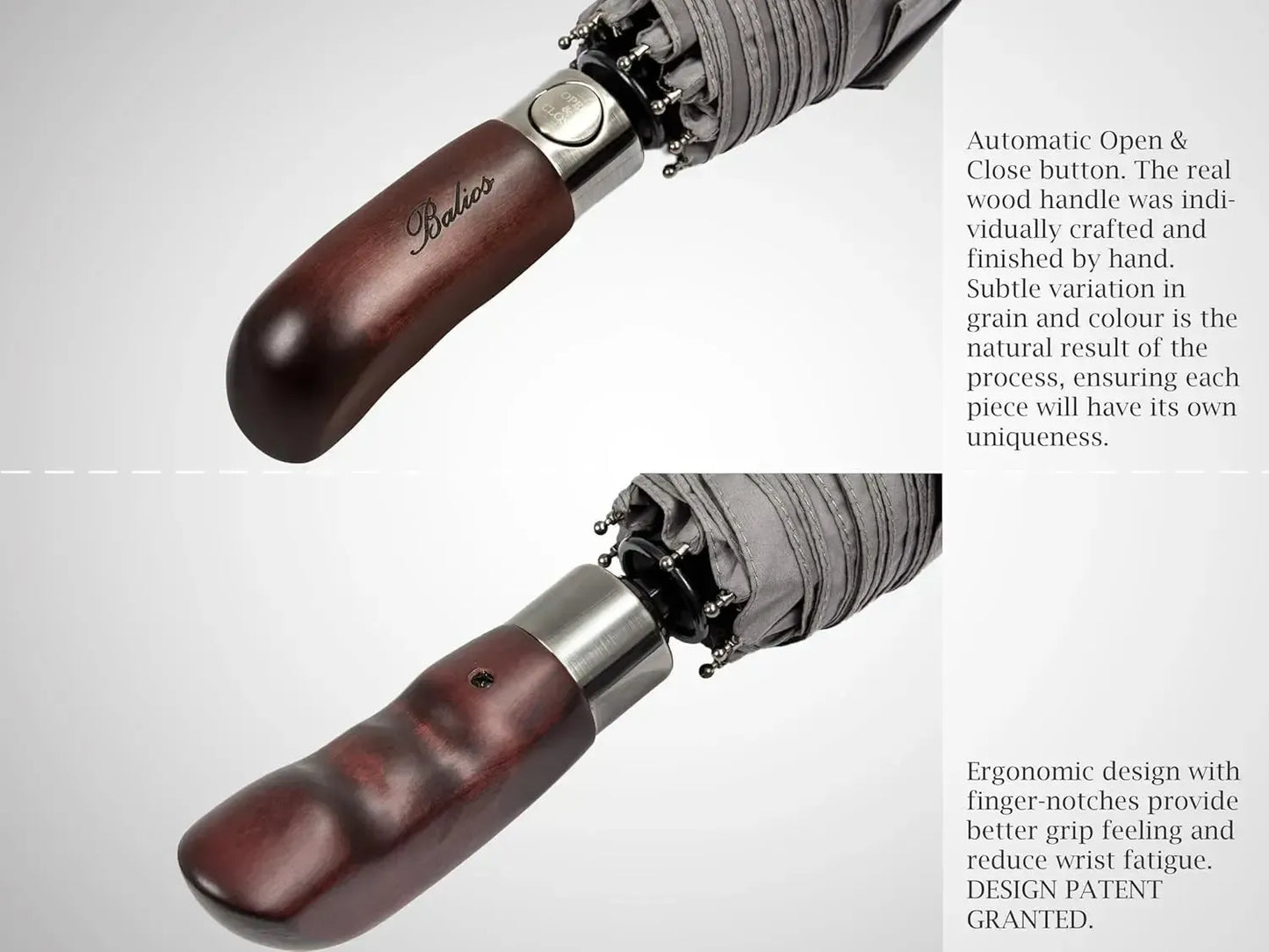 Automatik Taschen-Regenschirm mit Holzgriff – sturmfest & windsicher – Herren & Damen – Designed in Britain