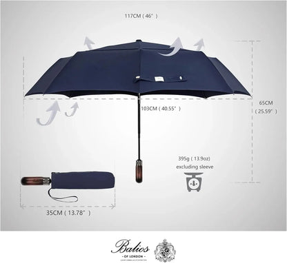 Automatik Taschen-Regenschirm mit Holzgriff – sturmfest & windsicher – Herren & Damen – Designed in Britain