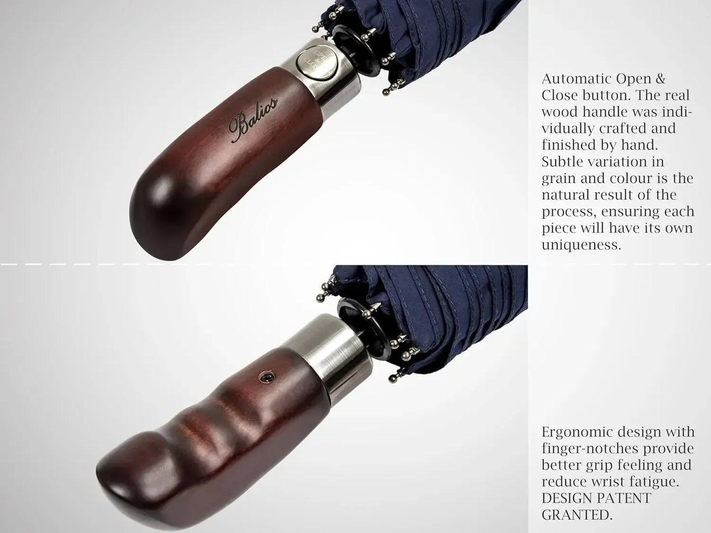 Automatik Taschen-Regenschirm mit Holzgriff – sturmfest & windsicher – Herren & Damen – Designed in Britain