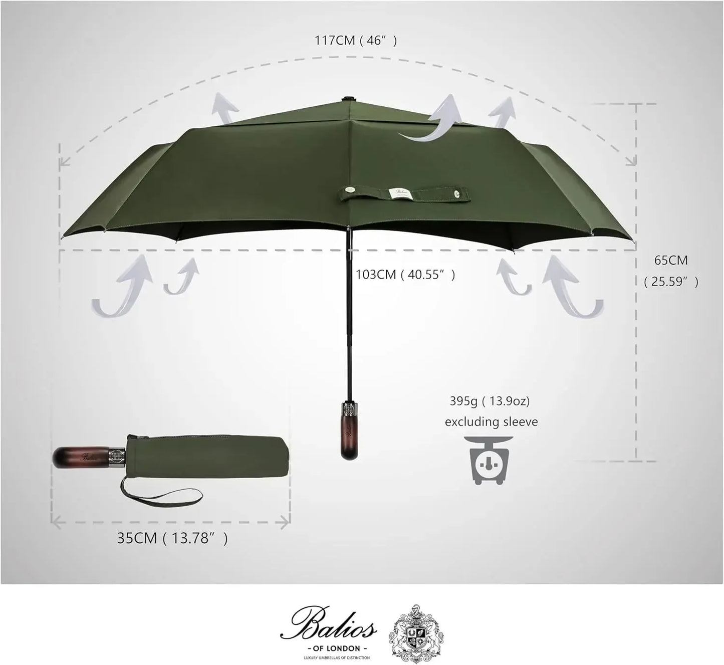 Automatik Taschen-Regenschirm mit Holzgriff – sturmfest & windsicher – Herren & Damen – Designed in Britain