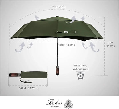 Automatik Taschen-Regenschirm mit Holzgriff – sturmfest & windsicher – Herren & Damen – Designed in Britain