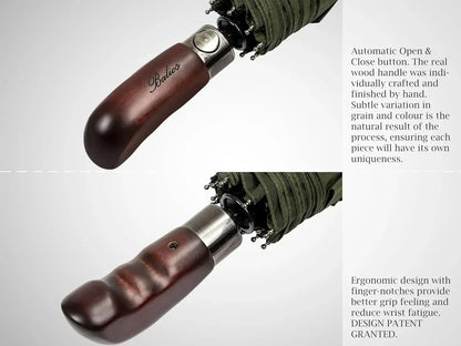 Automatik Taschen-Regenschirm mit Holzgriff – sturmfest & windsicher – Herren & Damen – Designed in Britain