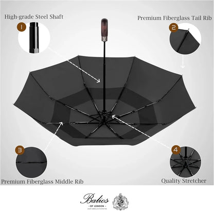 Automatik Taschen-Regenschirm mit Holzgriff – sturmfest & windsicher – Herren & Damen – Designed in Britain