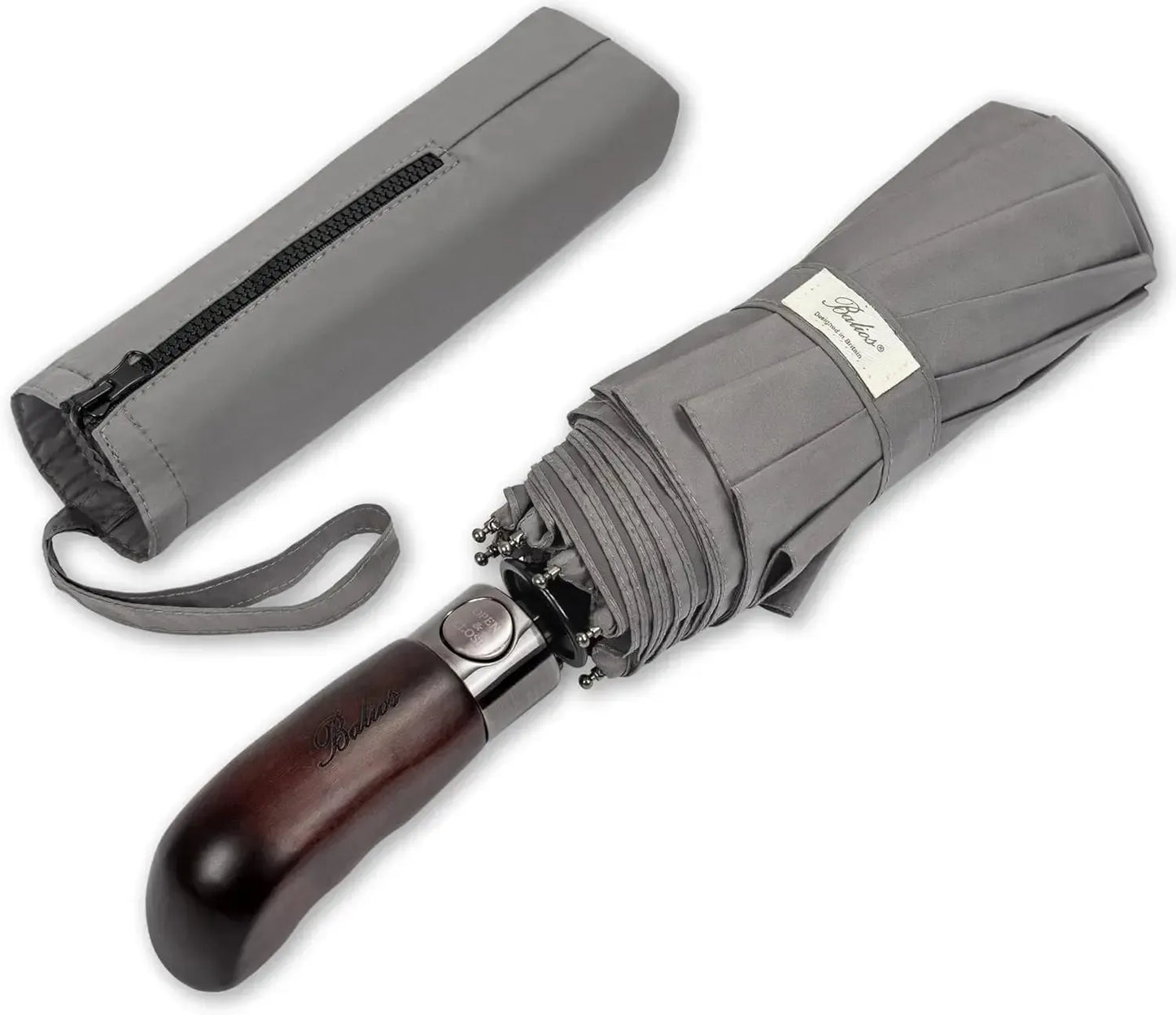 Automatik Taschen-Regenschirm mit Holzgriff – sturmfest & windsicher – Herren & Damen – Designed in Britain