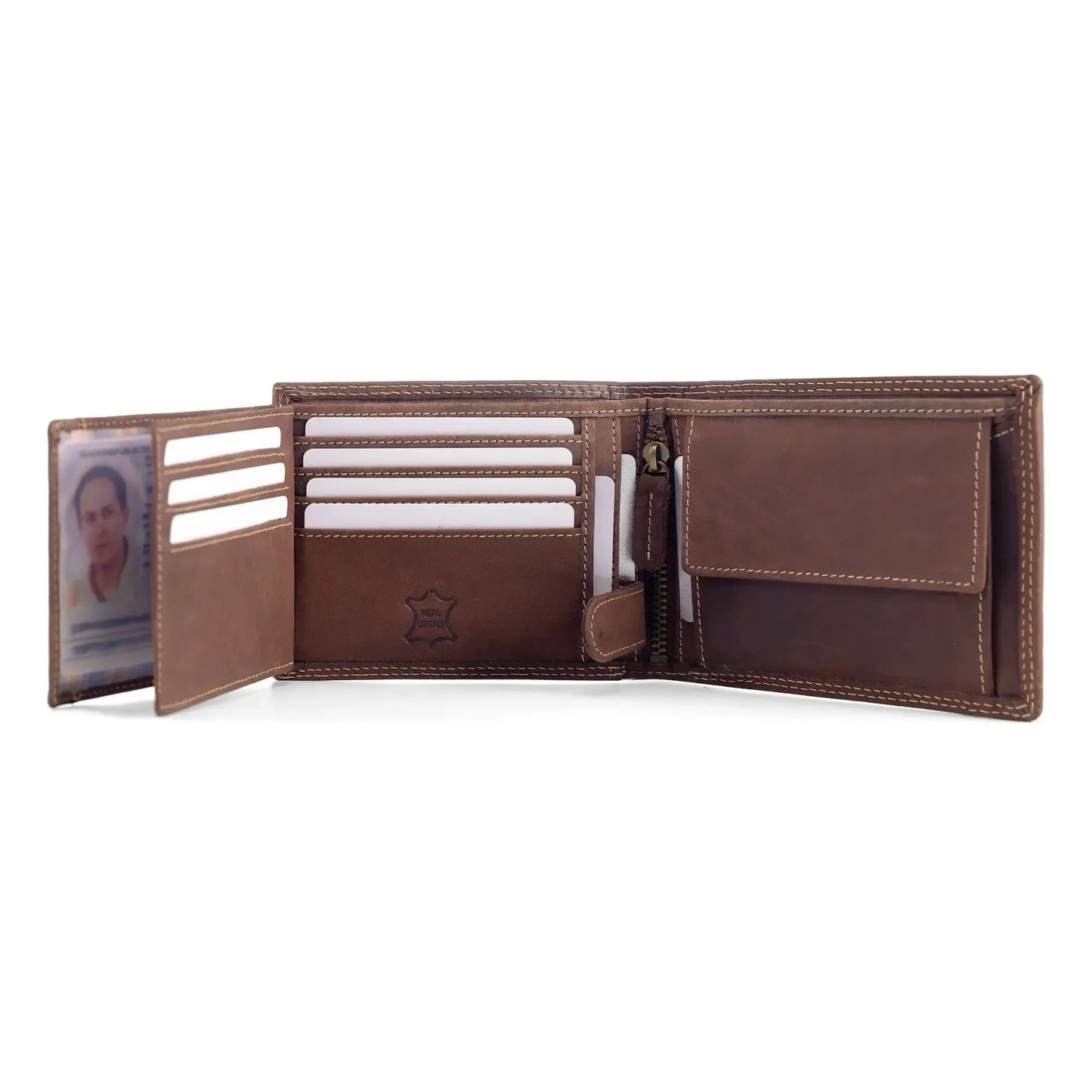 Leder Geldbörse Herren mit RFID-Schutz – geöltes Büffelleder – extra-stabile, kontrastierende Doppelnaht – 16 Fächer für Kreditkarten | VO13