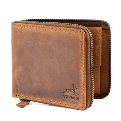 Leder Geldbörse Herren mit RFID-Schutz - umlaufender Reißverschluss - großes Münzfach - Platz für 9 Karten | VoZip