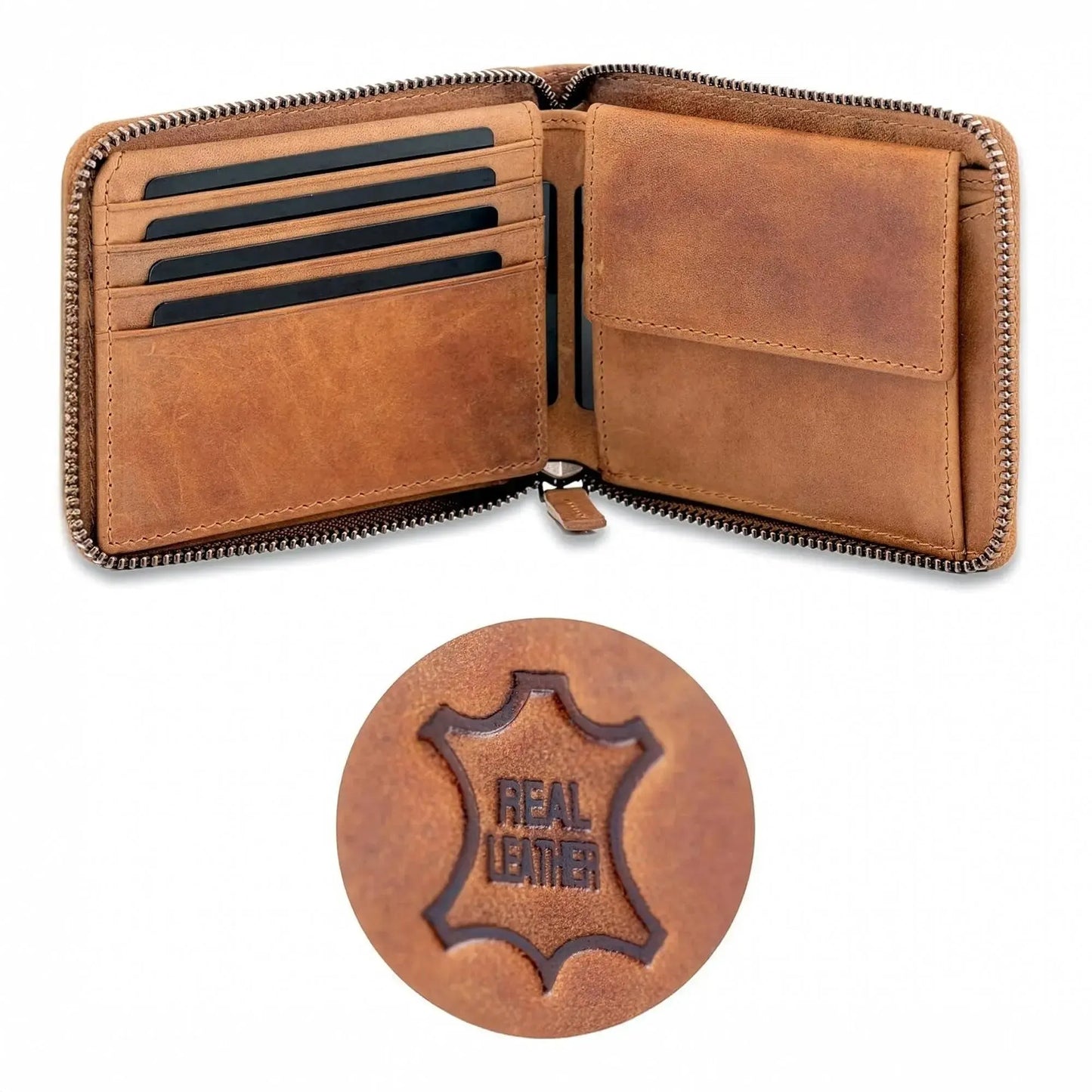 Leder Geldbörse Herren mit RFID-Schutz - umlaufender Reißverschluss - großes Münzfach - Platz für 9 Karten | VoZip