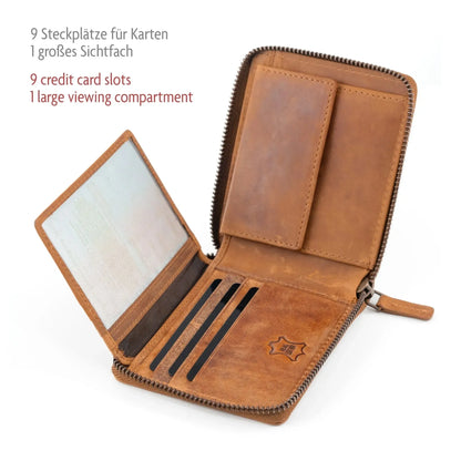 Leder Geldbörse Herren mit RFID-Schutz - umlaufender Reißverschluss - großes Münzfach - Platz für 9 Karten | VoZip