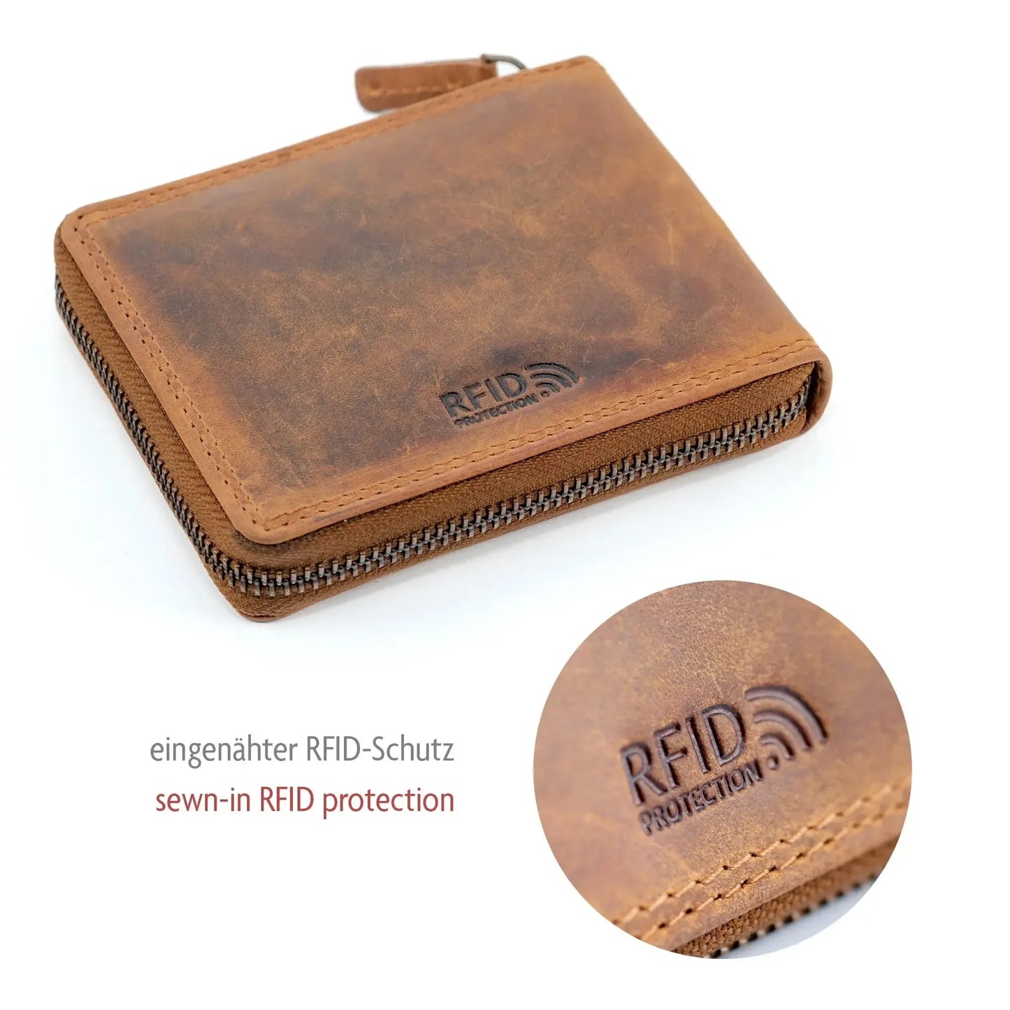 Leder Geldbörse Herren mit RFID-Schutz - umlaufender Reißverschluss - großes Münzfach - Platz für 9 Karten | VoZip