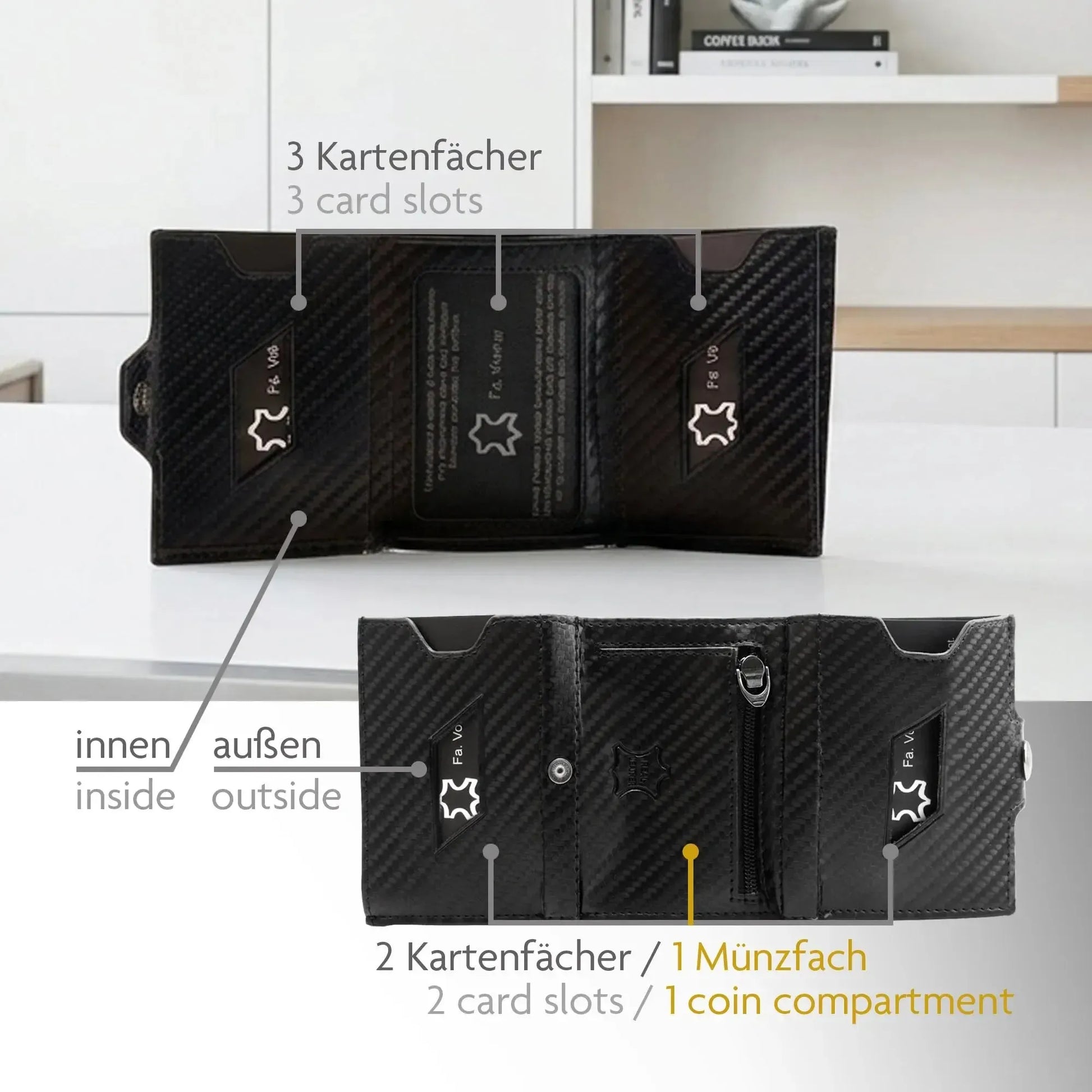 Slim Wallet con portamonete in pelle, spazio per 5 carte – scomparto banconote – protezione RFID | VO46
