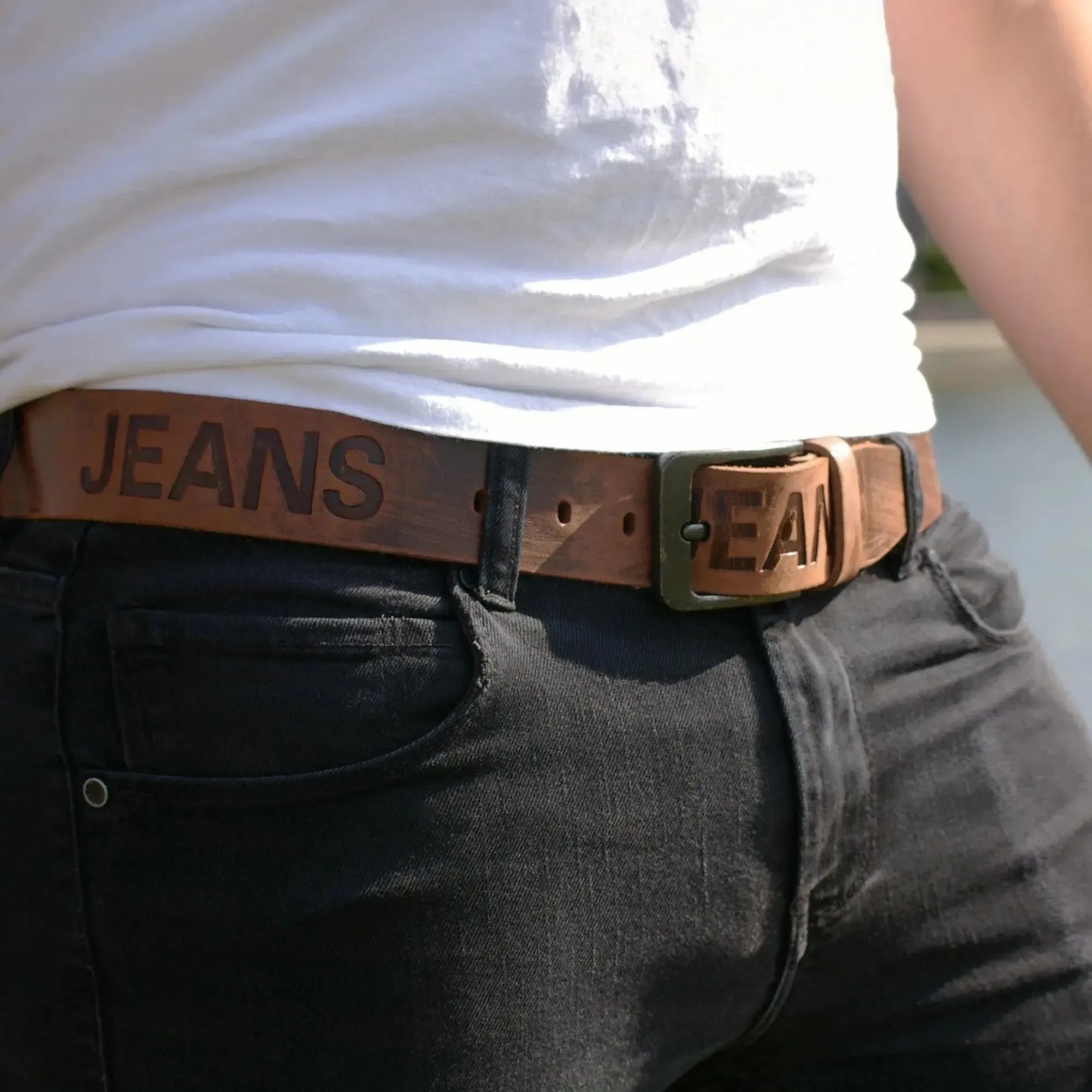 Klassischer Leder Gürtel mit JEANS-Prägung - antiquebraun - 38mm breit - leicht kürzbar | JEANS-38mm