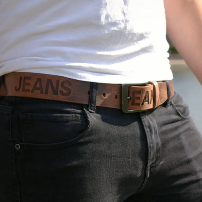 Klassischer Leder Gürtel mit JEANS-Prägung - antiquebraun - 38mm breit - leicht kürzbar | JEANS-38mm