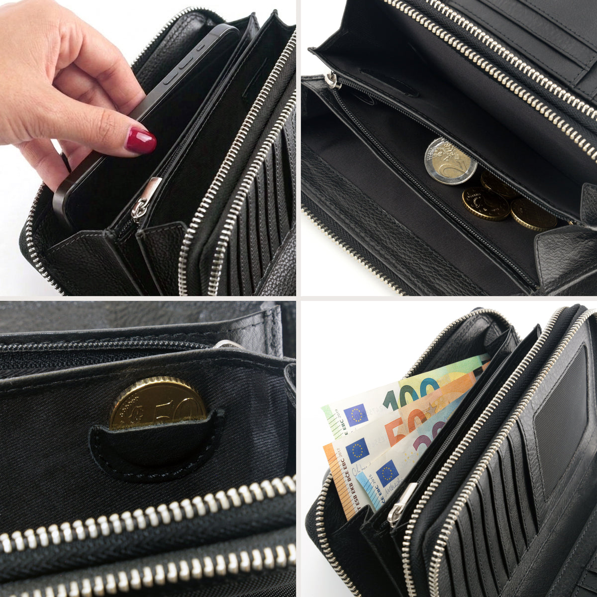 Cartera XXL para mujer – doble cremallera – protección RFID – cuero auténtico