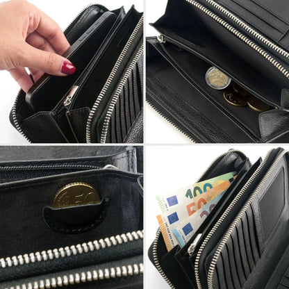 Portafoglio donna XXL in pelle con protezione RFID – 18 scomparti per carte e doppia cerniera | Avenue