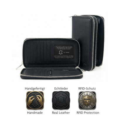 Cartera XXL para mujer – doble cremallera – protección RFID – cuero auténtico