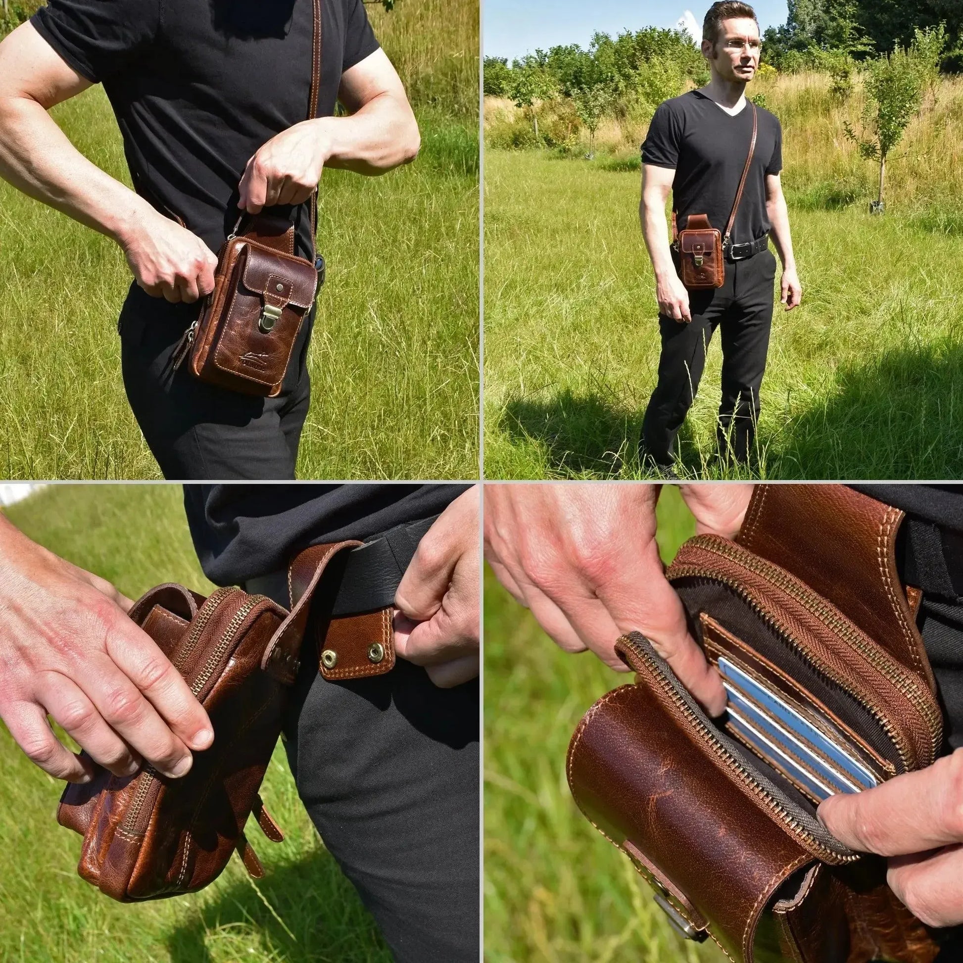 Gürteltasche Leder mit knöpfbarer Gürtelschlaufe – 3 große Fächer | UrbanWalker