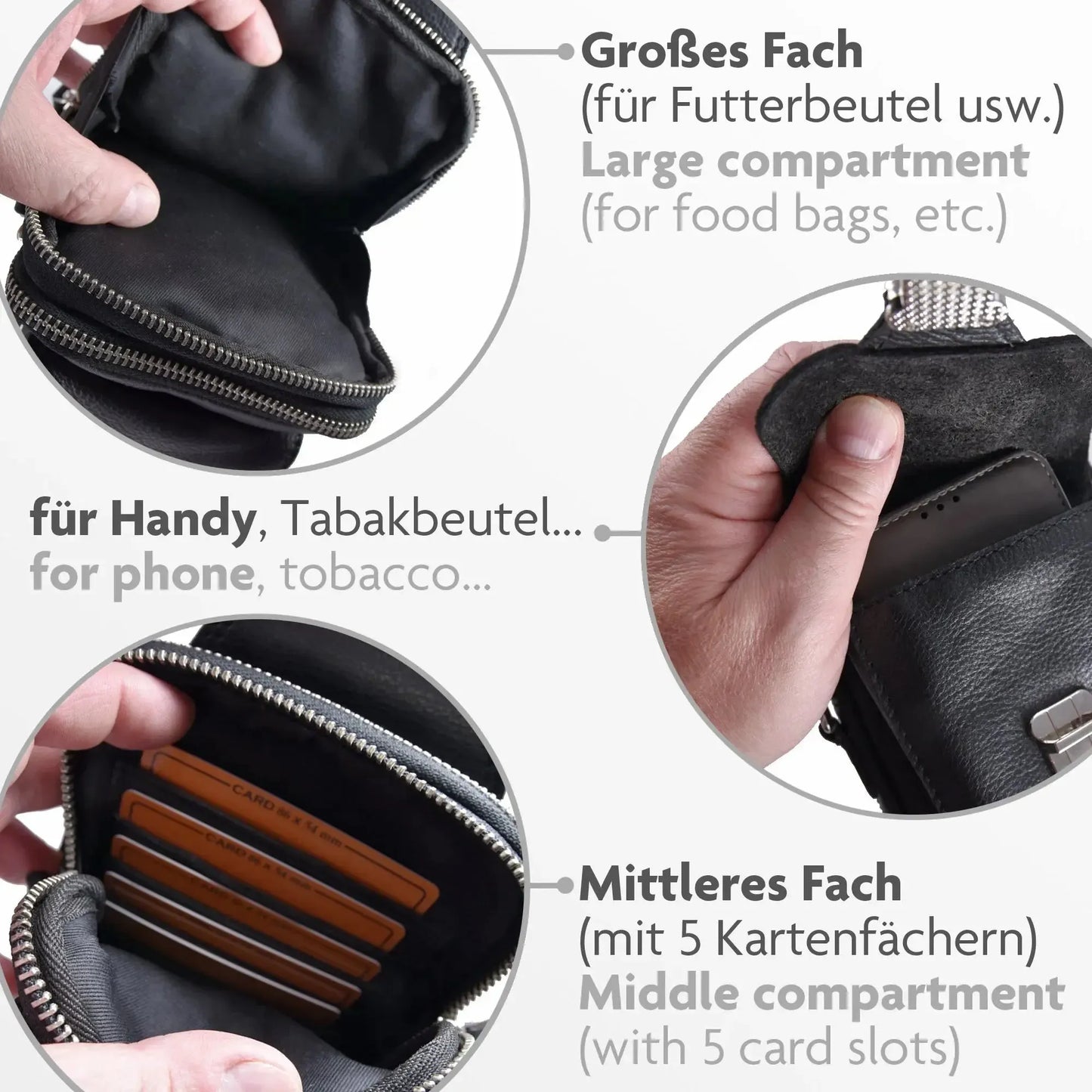 Gürteltasche Leder mit knöpfbarer Gürtelschlaufe – 3 große Fächer | UrbanWalker