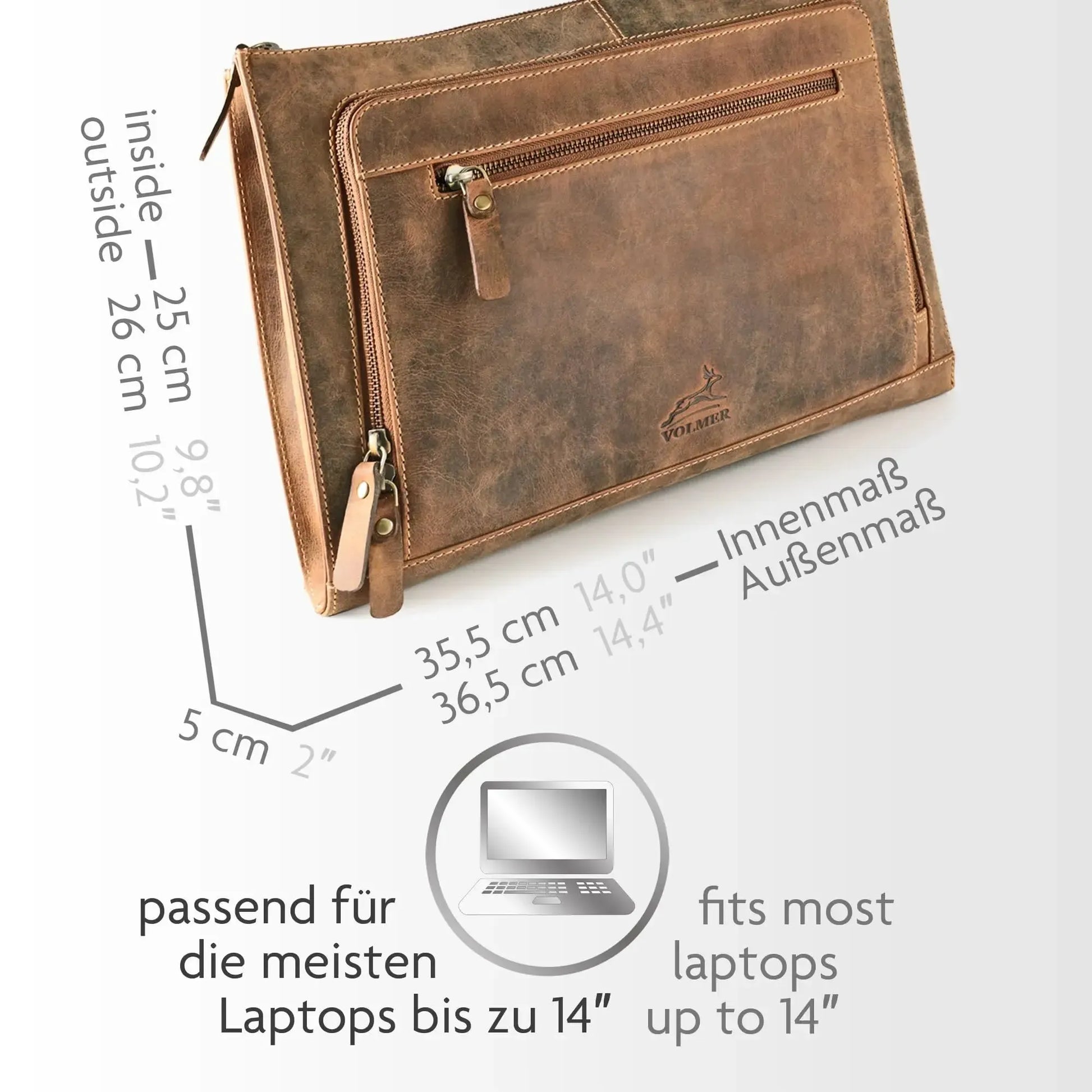 Laptoptasche 14 Zoll – Leder mit großer Außentasche | Riverside