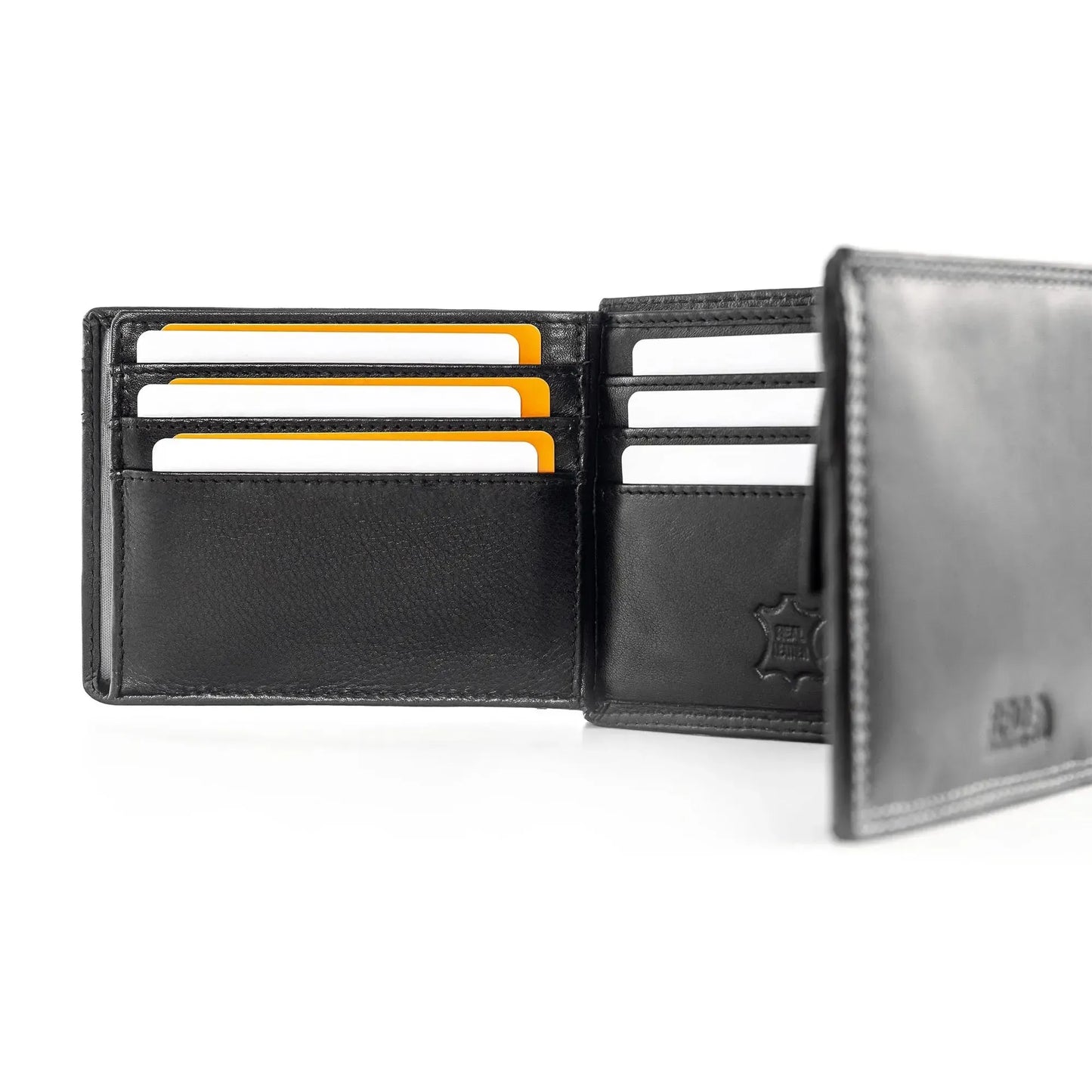 Leder Geldbörse Herren mit RFID-Schutz – Futter aus Echtleder – extra-stabile Doppelnaht in weiß – 12 Fächer für Kreditkarten | VO6