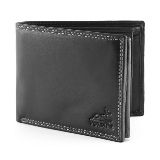 Leder Geldbörse Herren mit RFID-Schutz – Futter aus Echtleder – extra-stabile Doppelnaht in weiß – 12 Fächer für Kreditkarten | VO6