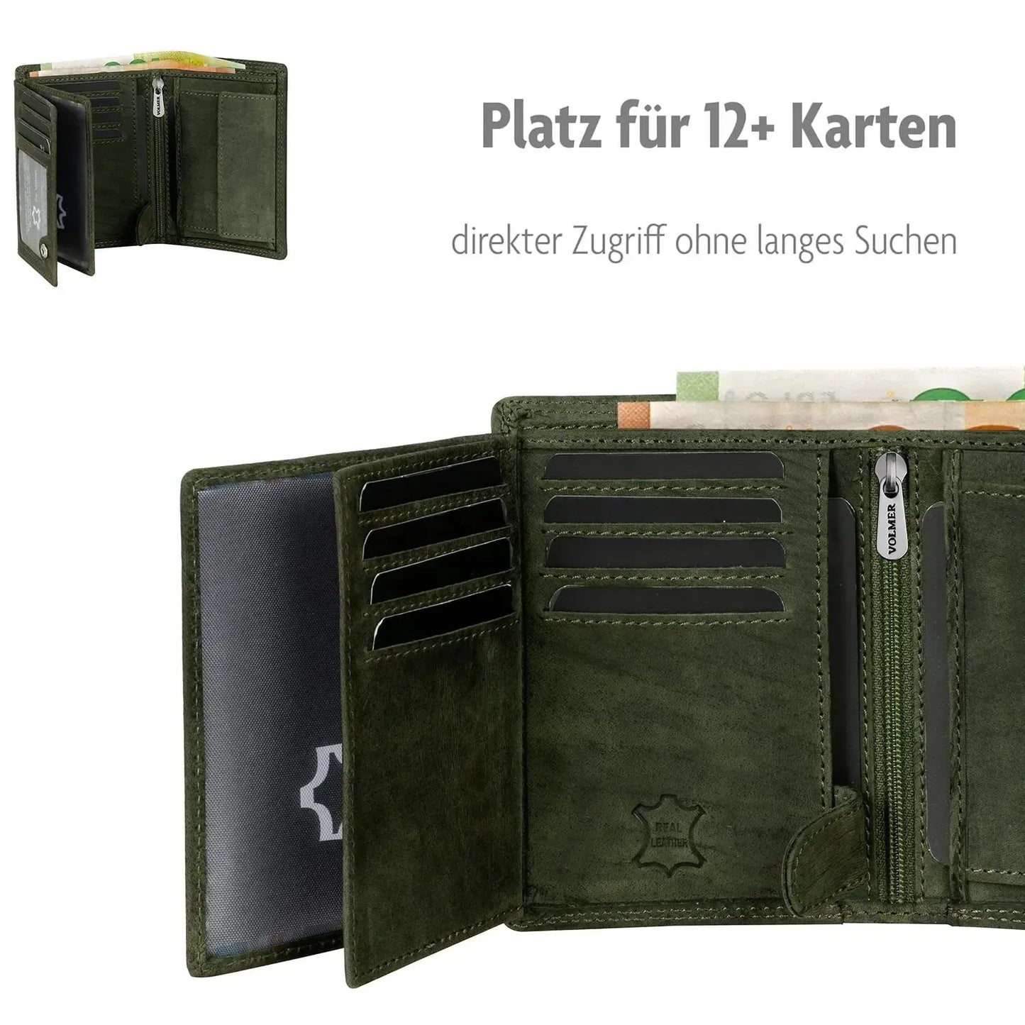 Leder Geldbörse Herren mit RFID-Schutz - extra-stabile Doppelnaht - 15 Fächer für Kreditkarten - Hochformat | VO2