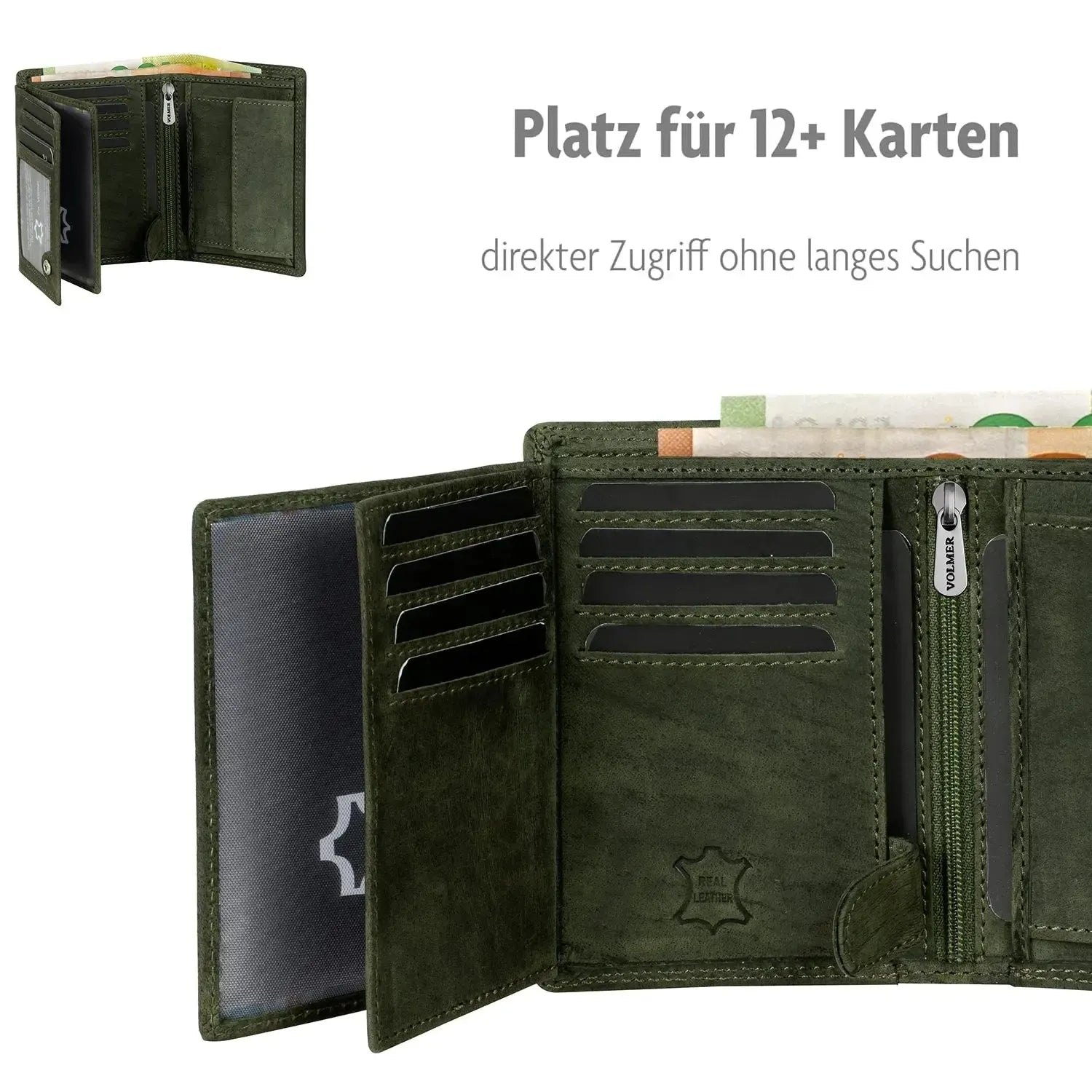 Leder Geldbörse Herren mit RFID-Schutz - extra-stabile Doppelnaht - 15 Fächer für Kreditkarten - Hochformat | VO2