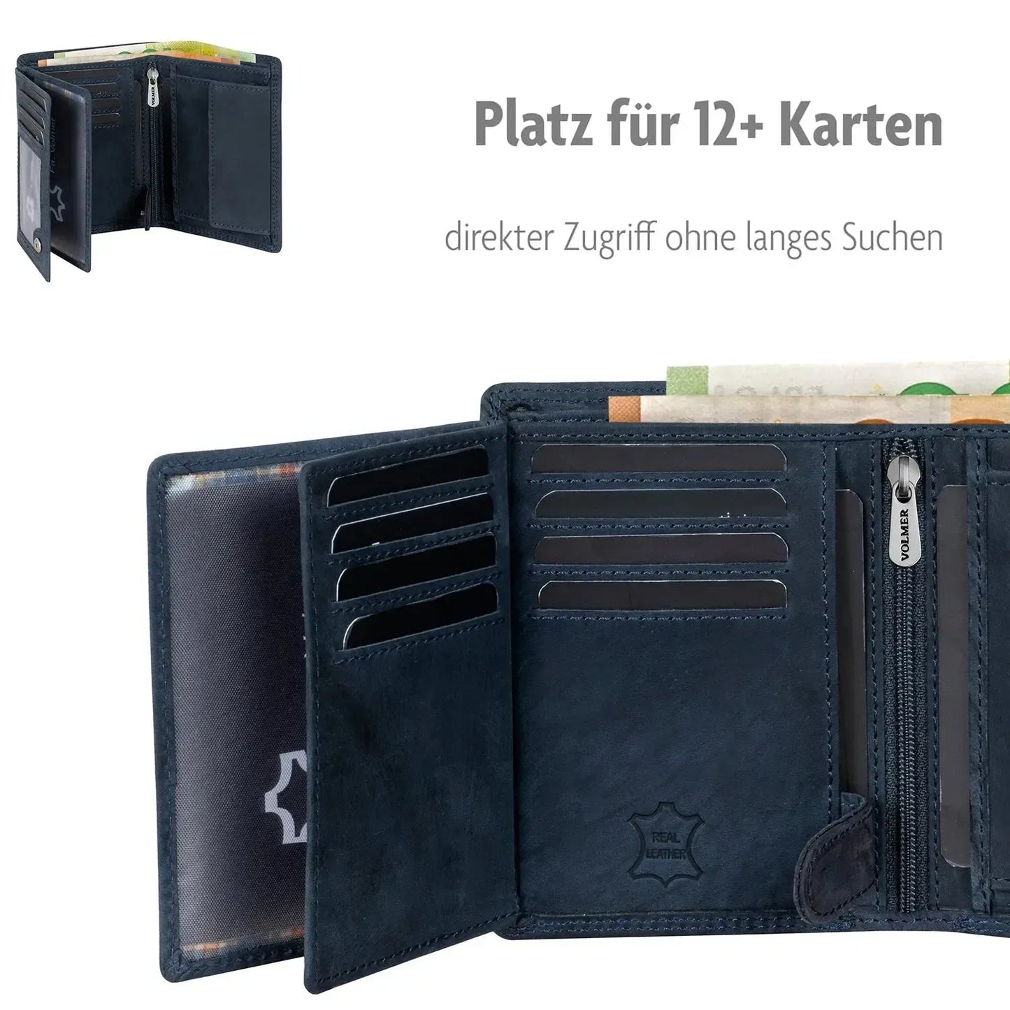 Leder Geldbörse Herren mit RFID-Schutz - extra-stabile Doppelnaht - 15 Fächer für Kreditkarten - Hochformat | VO2