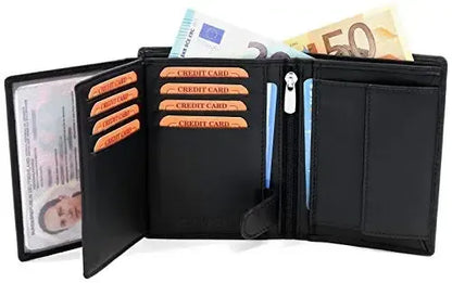 Leder Geldbörse Herren mit RFID-Schutz - extra-stabile Doppelnaht - 15 Fächer für Kreditkarten - Hochformat | VO2