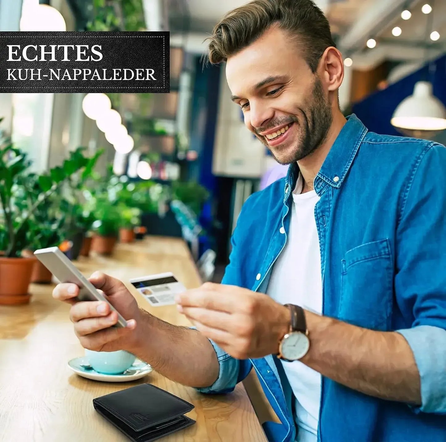 Leder Geldbörse Herren mit RFID-Schutz - extra-stabile Doppelnaht - 6 Fächer für Kreditkarten | VO8