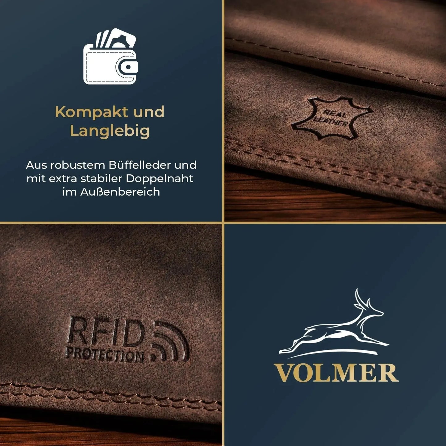 Leder Geldbörse Herren mit RFID-Schutz - extra-stabile Doppelnaht - 6 Fächer für Kreditkarten | VO8