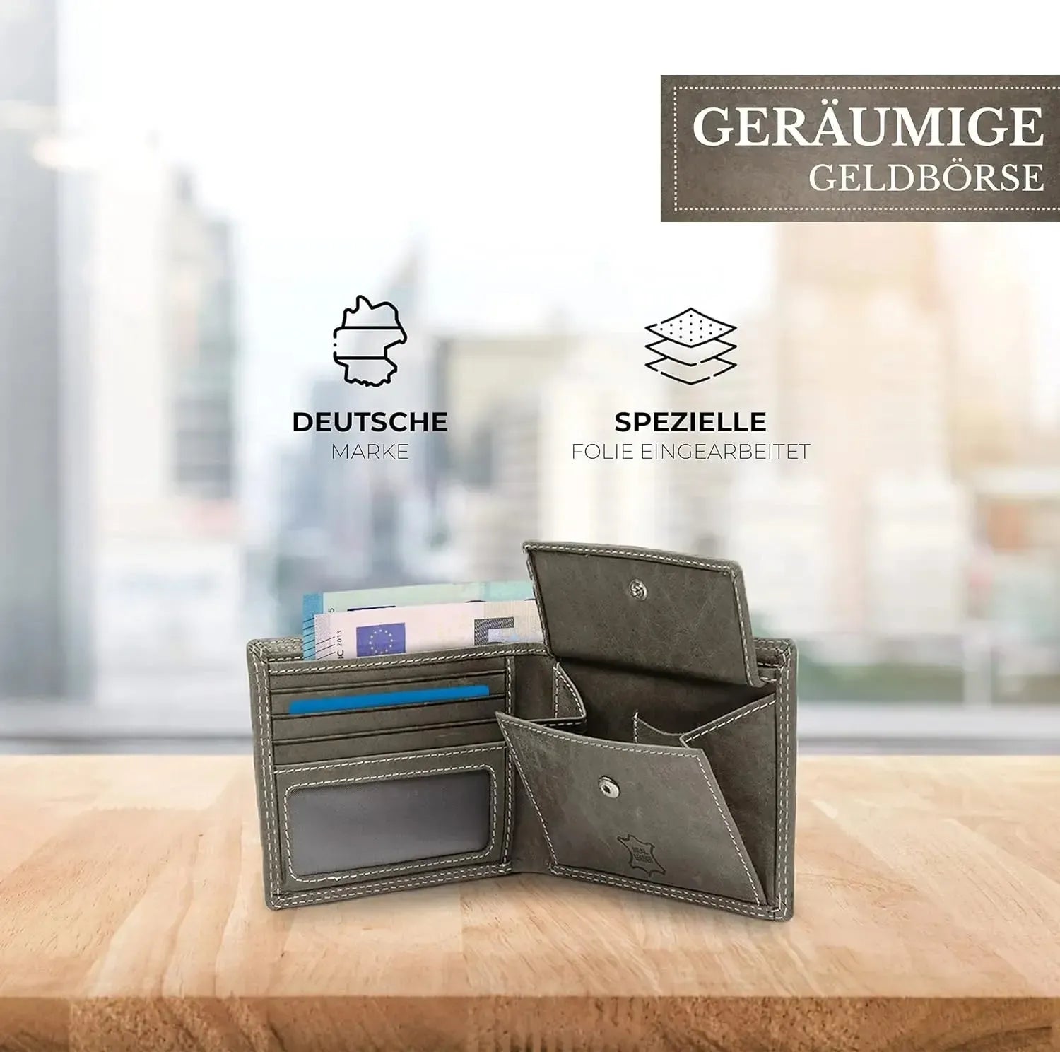 Leder Geldbörse Herren mit RFID-Schutz - extra-stabile Doppelnaht - 6 Fächer für Kreditkarten | VO8