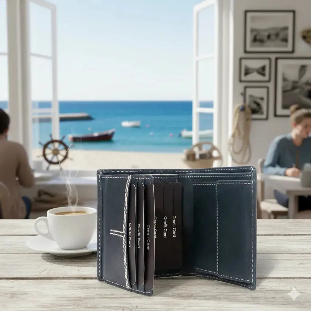 Leder Geldbörse mit RFID-Schutz - kompakt - mit Kontrastnähten - 9 Fächer für Kreditkarten | CityWalker