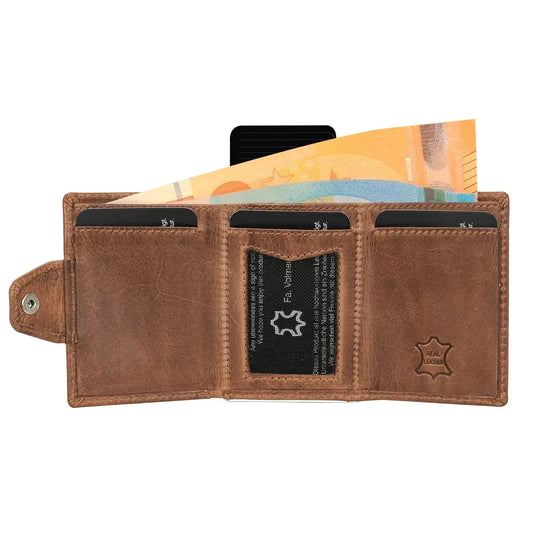 POP-UP Kartenetui mit Münzfach aus Leder – Airtag-Fach – Platz für 12 Karten – Scheinfach – RFID-Schutz | VO34