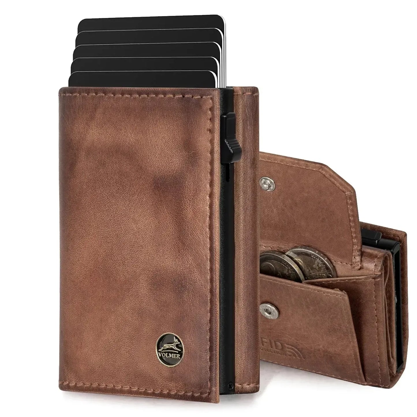 Leather pop-up card holder with coin pocket – holds 11 cards – bill compartment – RFID protection | VO44