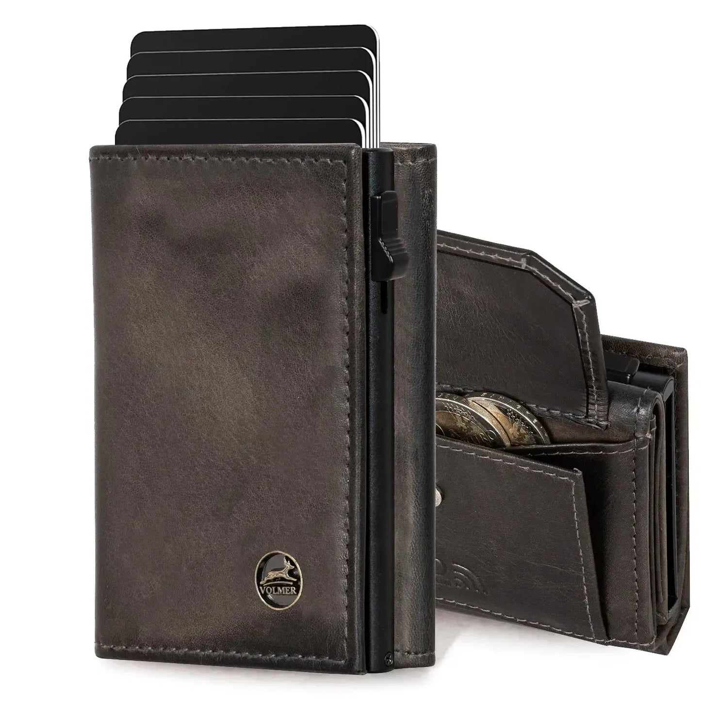 POP-UP Kartenetui mit Münzfach aus Leder – Platz für 11 Karten – Scheinfach – RFID-Schutz | VO44