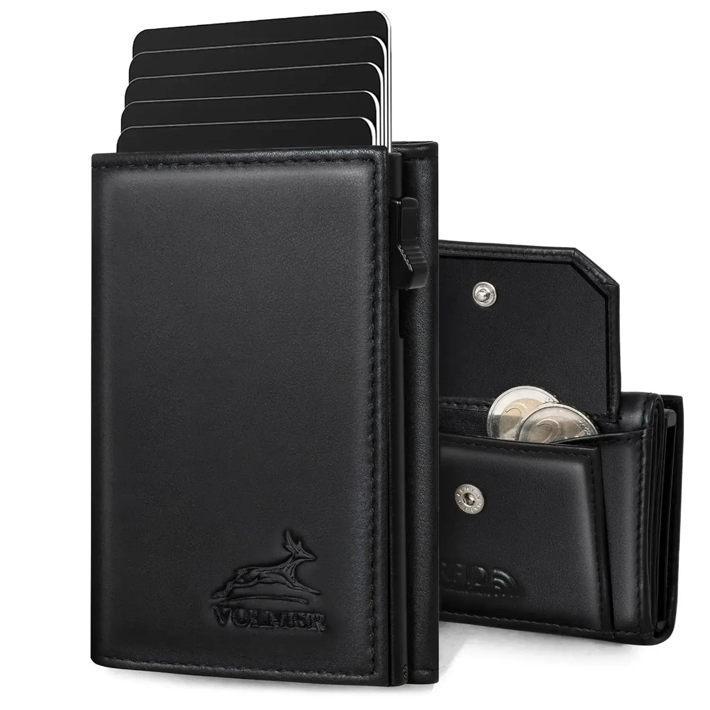 POP-up leather card holder with coin pocket – space for 11 cards – bill compartment – RFID protection | VO44