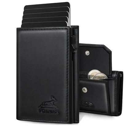 POP-up leather card holder with coin pocket – space for 11 cards – bill compartment – RFID protection | VO44