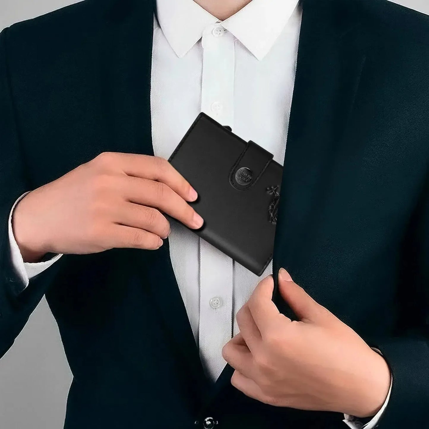 Tarjetero pop-up de piel con monedero: espacio para 12 tarjetas, compartimento para billetes, protección RFID | VO45