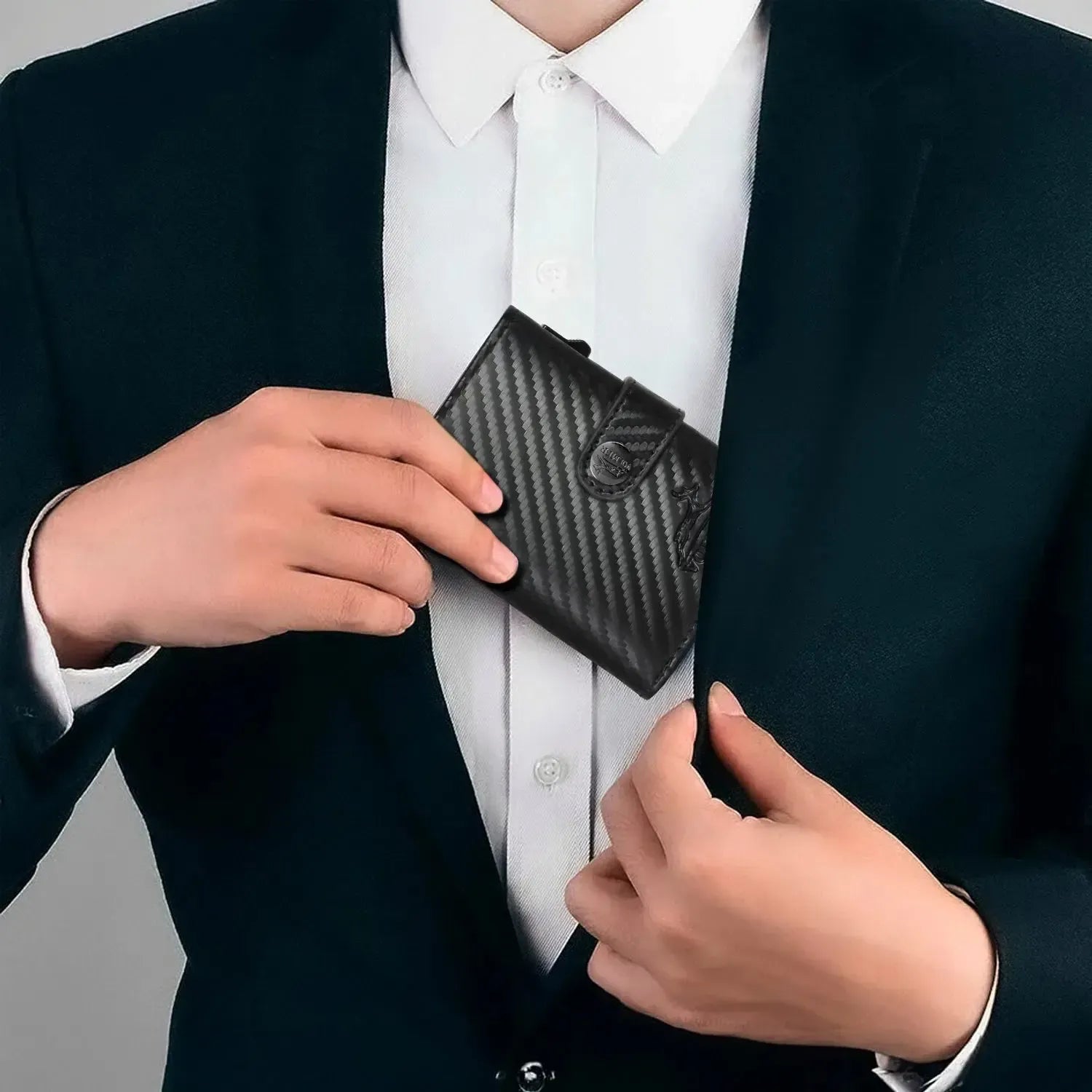 Tarjetero pop-up de cuero con monedero, espacio para 12 tarjetas, compartimento para billetes, protección RFID | VO45