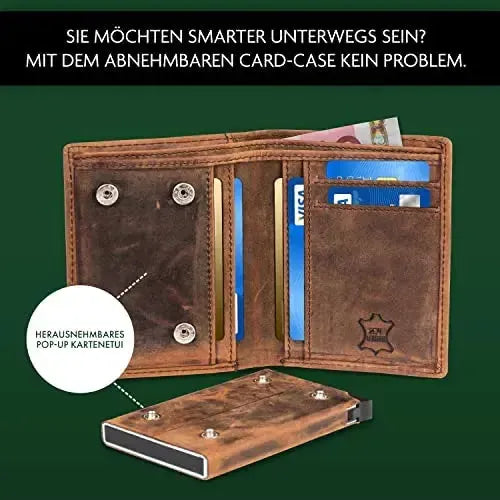 POP-UP Kartenetui mit Münzfach aus Leder – Platz für 13 Karten – Scheinfach – RFID-Schutz – inkl. abnehmbarem Karten-Etui | VO28