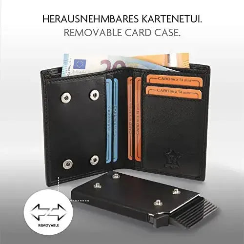 POP-UP Kartenetui mit Münzfach aus Leder – abnehmbares Karten-Etui – Platz für 13 Karten – Scheinfach – RFID-Schutz | VO28