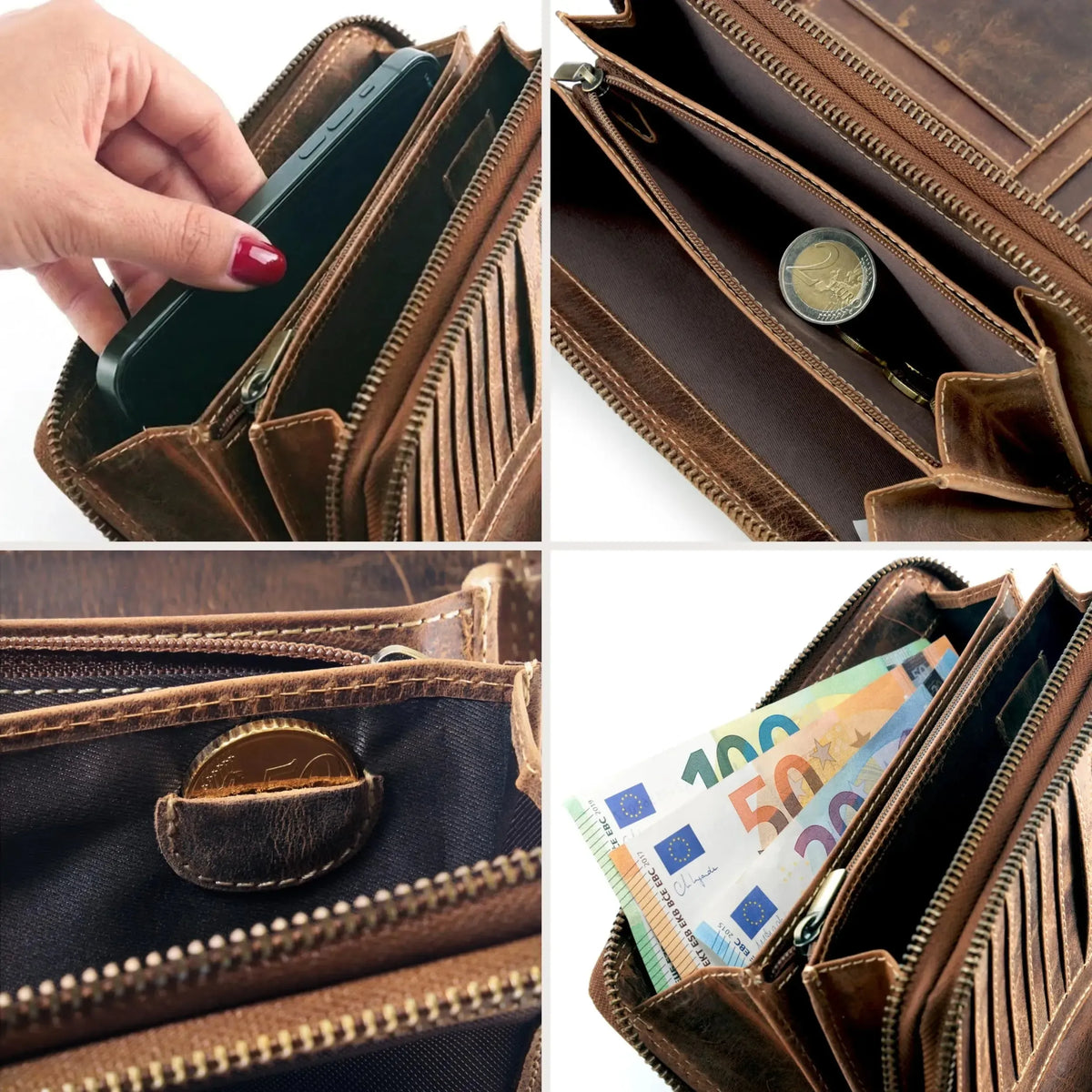 Cartera XXL para mujer – doble cremallera – protección RFID – piel auténtica